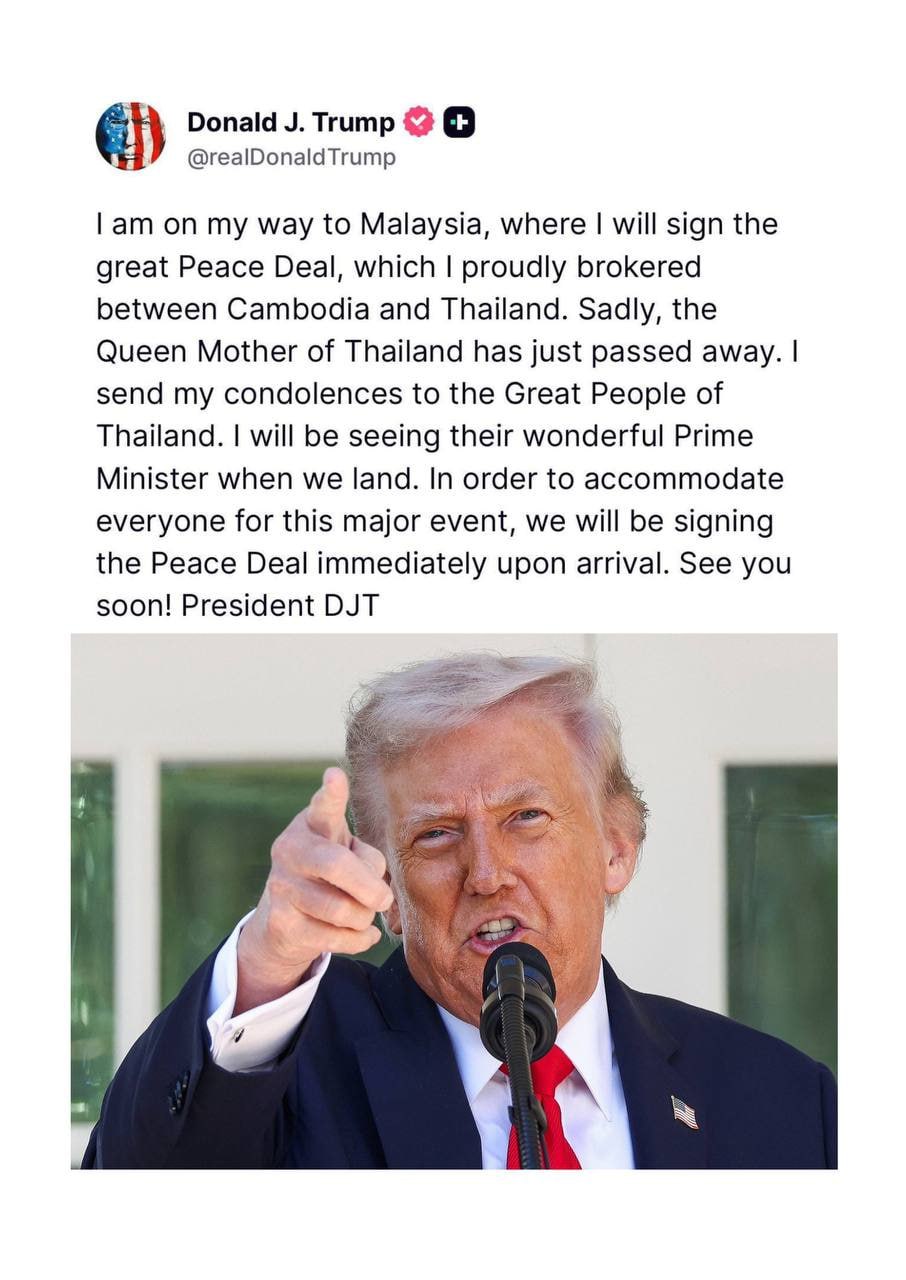 U.S. President Donald J. Trump Announces Upcoming Signing of Cambodia–Thailand Peace Deal in Malaysia