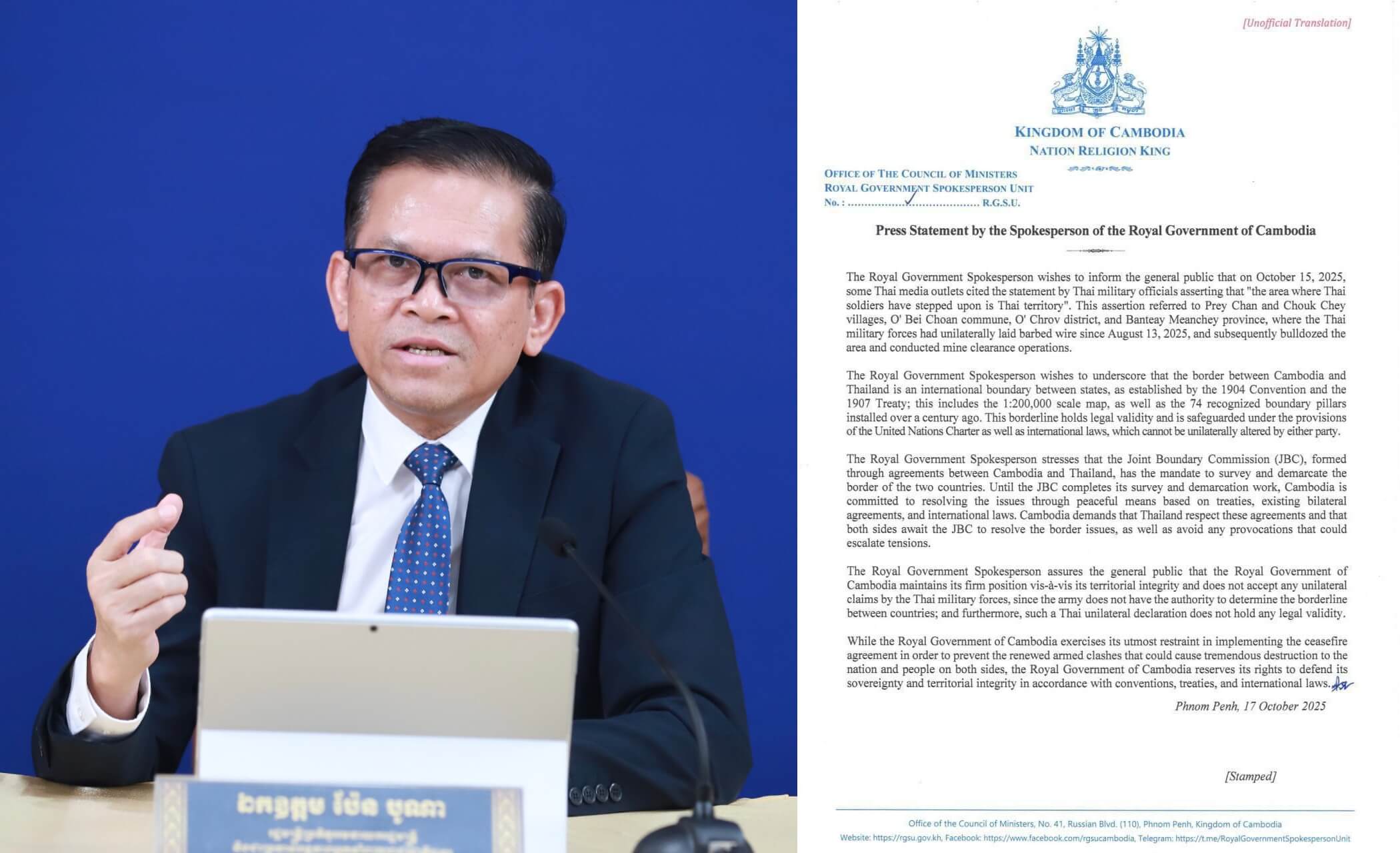 Cambodia Rejects Thai Military’s Unilateral Territorial Claim in Prey Chan and Chouk Chey Villages