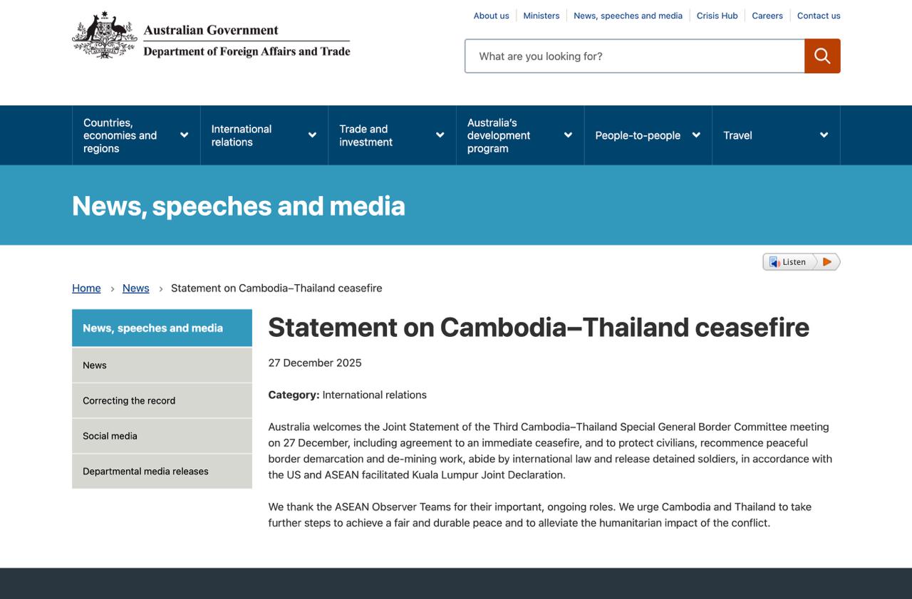 Australia Welcomes Cambodia–Thailand Ceasefire, Urges Durable Peace and Humanitarian Protection